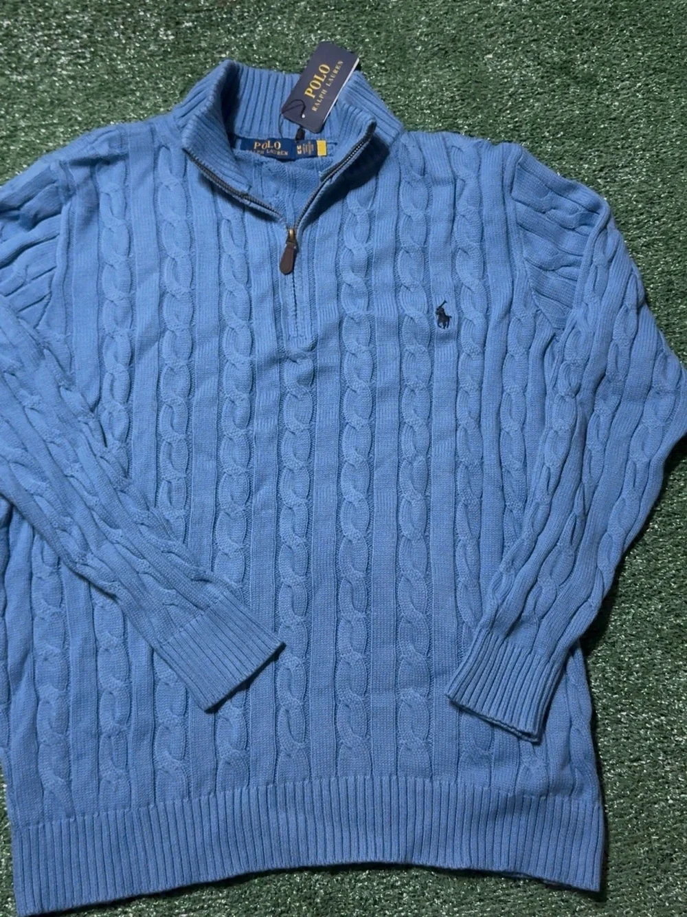 Polo by Ralph Lauren Sky Blue Cable-Knit Quarter Zip Sweater